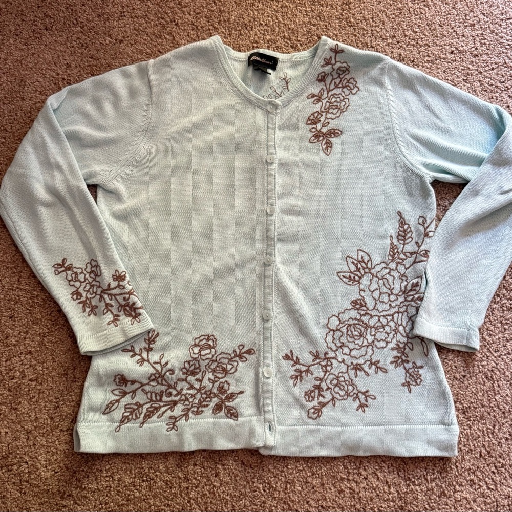 Eddie Bauer Light Blue Cardigan with Brown Embroidery